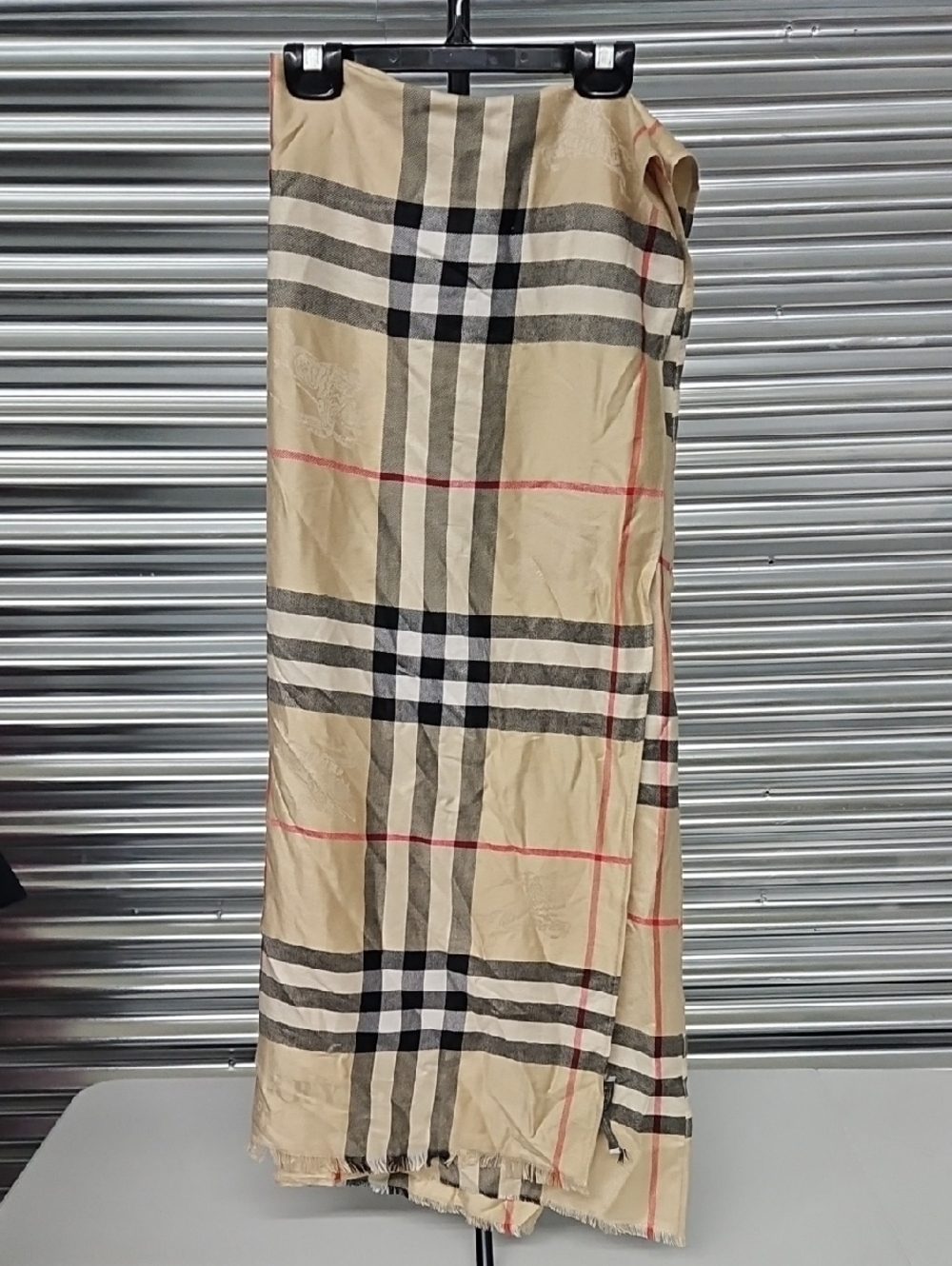 Burberry Beige Plaid Scarf with Black and Red Stripes